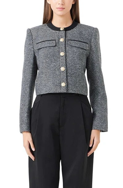 Endless Rose Boxy Herringbone Blazer In Black/ White