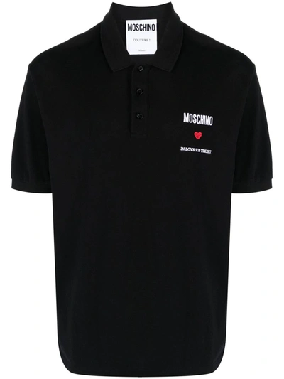 Shop Moschino Polo Shirt With Embroidery In Black