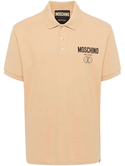 Shop Moschino Polo Shirt With Print In Nude & Neutrals
