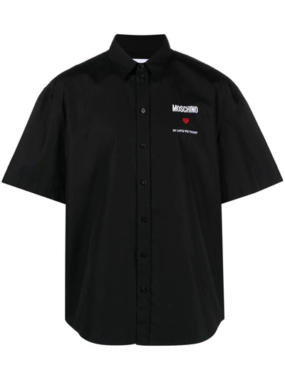 Shop Moschino Shirt With Embroidered Slogan In Black