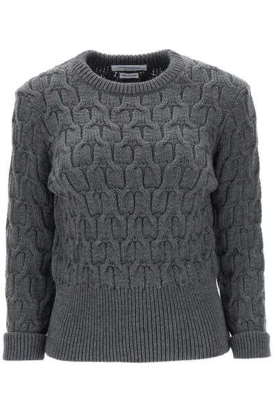 Shop Thom Browne Sweater In Wool Cable Knit In Grey