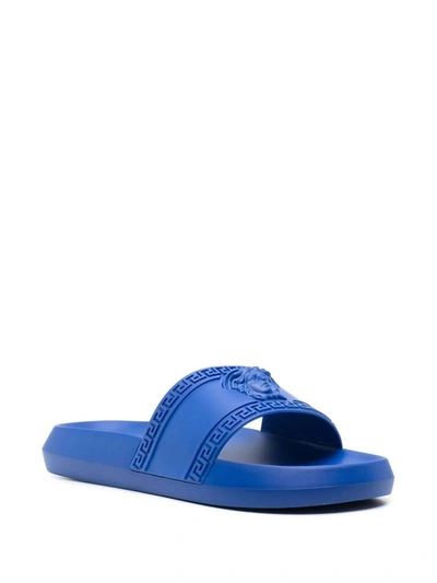 Shop Versace Medusa Head Slide Sandals In Blue