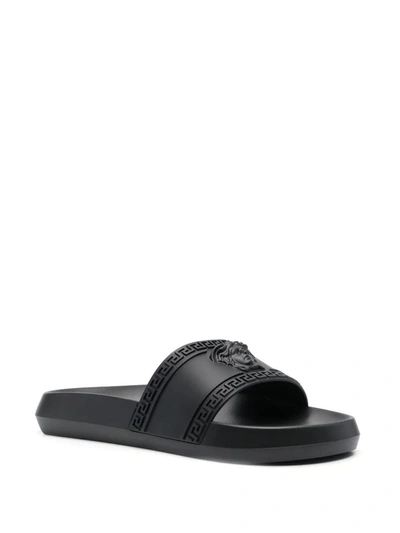 Shop Versace Slide Sandals With Medusa Plaque In Black