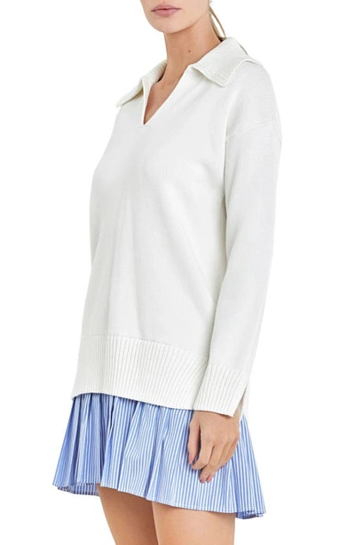 Shop English Factory Mixed Media Long Sleeve Minidress In White/ Blue