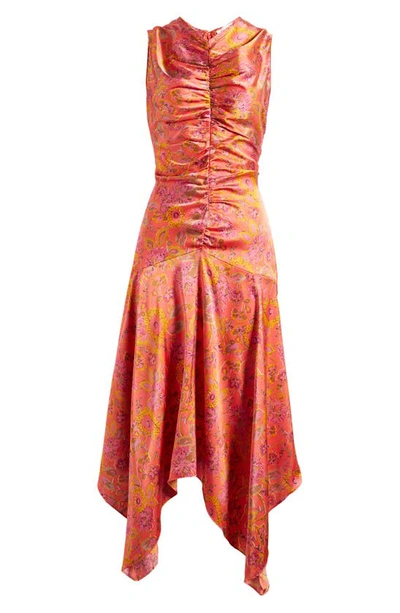 Shop Melloday Floral Print Ruched Satin Midi Dress In Fuchsia Multi