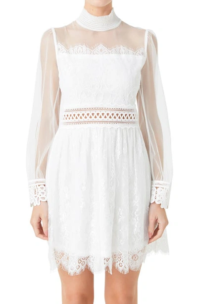 Shop Endless Rose Mixed Lace Long Sleeve Cocktail Dress In White