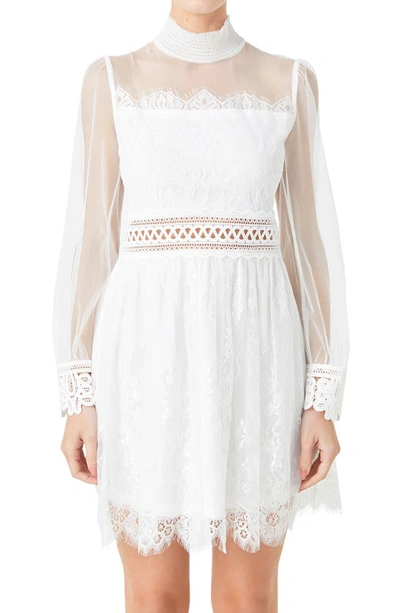 Endless Rose Mixed Lace Long Sleeve Cocktail Dress In White
