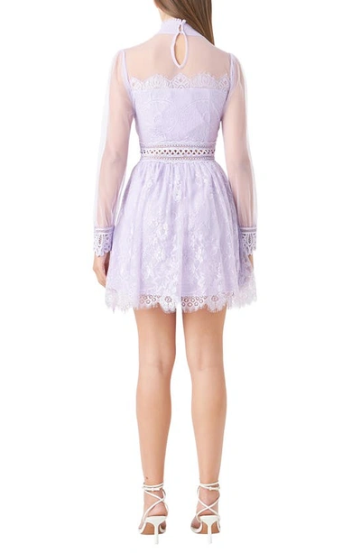 Shop Endless Rose Mixed Lace Long Sleeve Cocktail Dress In Lilac