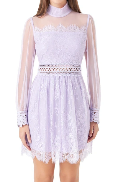 Shop Endless Rose Mixed Lace Long Sleeve Cocktail Dress In Lilac