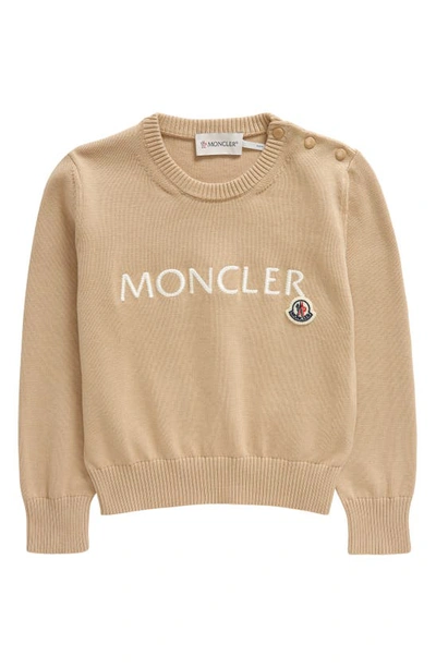Shop Moncler Kids' Embroidered Logo Cotton Crewneck Sweater In Beige