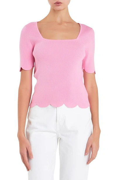 Shop English Factory Scallop Hem Square Neck Rib Sweater In Pink