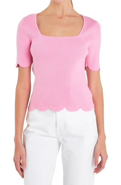 English Factory Scallop Hem Square Neck Rib Sweater In Pink