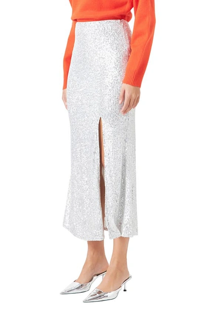 Endless Rose Front Slit Midi Sequin Skirt In Silver