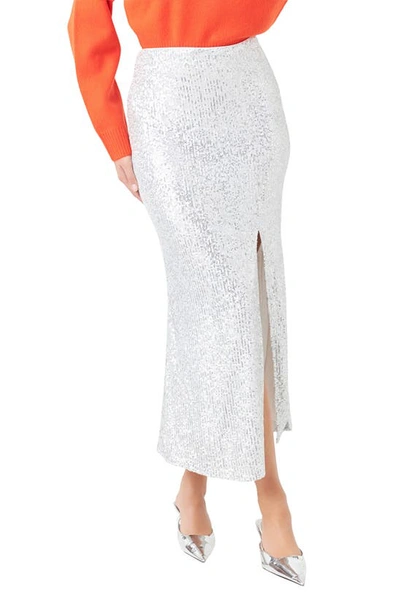 Endless Rose Front Slit Midi Sequin Skirt In Silver