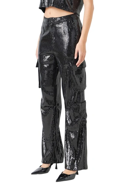 Endless Rose Sequin Wide Leg Cargo Pants In Black