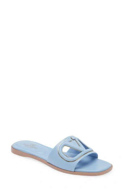 Shop Valentino Vlogo Cutout Slide Sandal In Popeline Blue/ Antique Brass