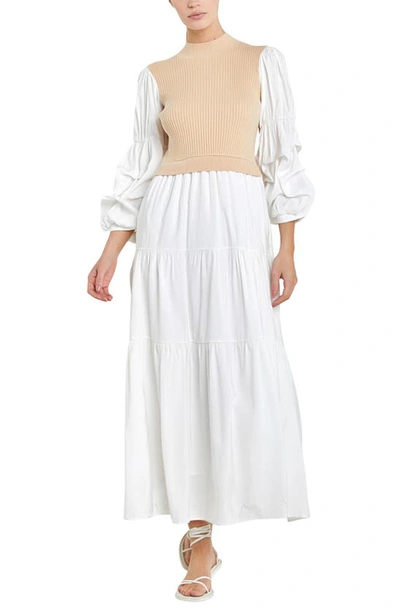 English Factory Layered Mixed Media Maxi Dress In Beige