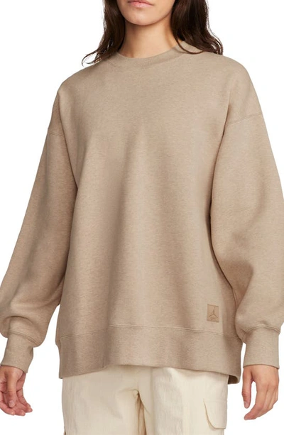 Shop Jordan Flight Fleece Oversize Crewneck Sweatshirt In Legend Medium Brown/ Heather