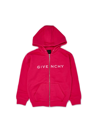 Shop Givenchy Kids Logo Printed Zipped Hoodie In Pink