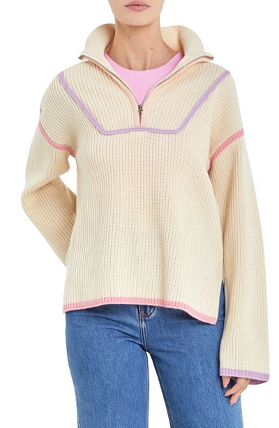 English Factory Contrast Trim Quarter Zip Sweater In Lavender Multi