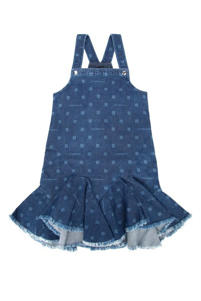 Shop Givenchy Kids Logo Printed Frayed Hem Denim Dress In Blue