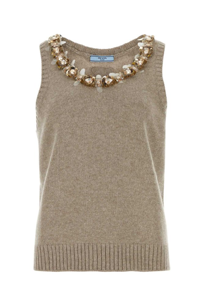 Shop Prada Sequin Embellished Knitted Tank Top In Beige