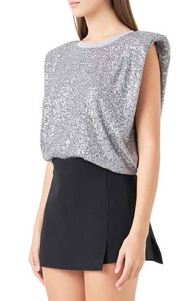 Endless Rose Sequin Shoulder Pad Top In Silver