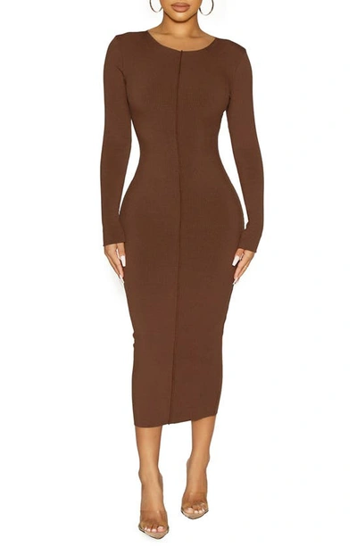 Shop Naked Wardrobe Snatched Me In Long Sleeve Body-con Dress In Chocolate