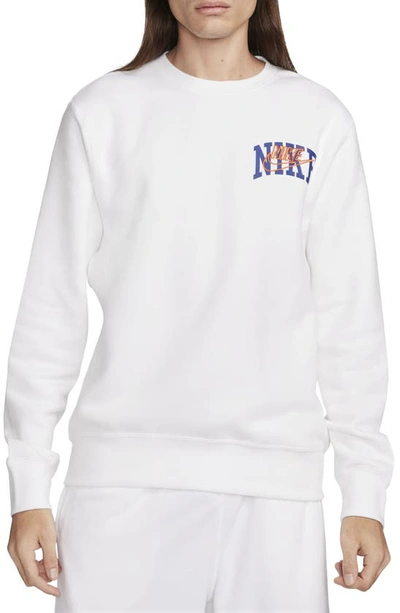 Shop Nike Club Arch Logo Fleece Crewneck Sweatshirt In White/ Safety Orange