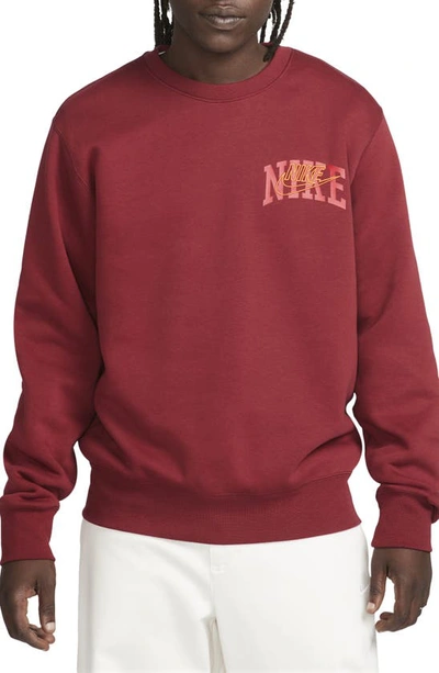 Shop Nike Club Arch Logo Fleece Crewneck Sweatshirt In Team Red/ Safety Orange