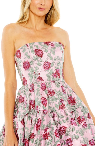 Shop Mac Duggal Floral Jacquard Strapless Minidress In Pink Multi