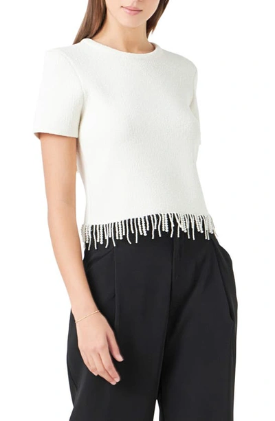 Endless Rose Imitation Pearl Hem Short Sleeve Sweater In Cream