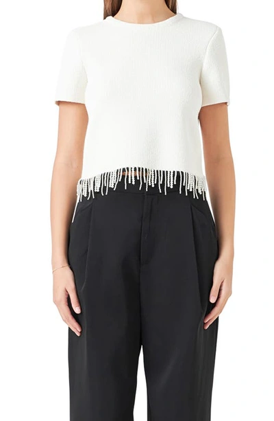 Endless Rose Imitation Pearl Hem Short Sleeve Sweater In Cream