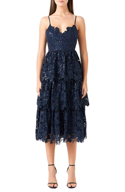 Shop Endless Rose Floral Lace Tiered Sequin Midi Dress In Navy