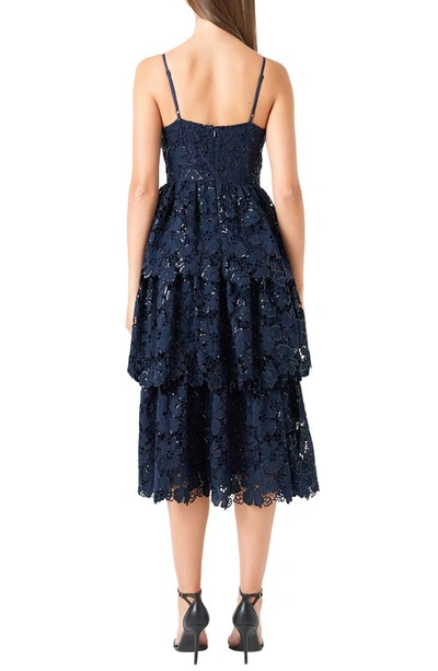 Shop Endless Rose Floral Lace Tiered Sequin Midi Dress In Navy