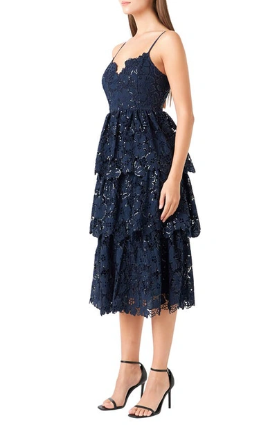 Shop Endless Rose Floral Lace Tiered Sequin Midi Dress In Navy