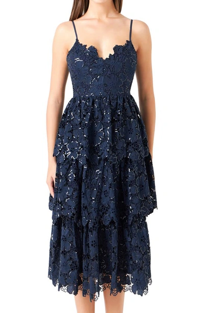 Endless Rose Floral Lace Tiered Sequin Midi Dress In Navy
