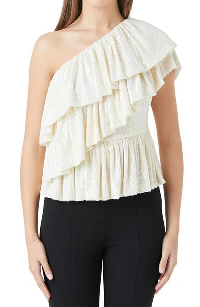 Shop Endless Rose Sequin Ruffle One-shoulder Peplum Top In Opal