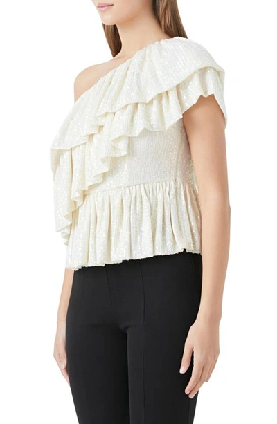 Shop Endless Rose Sequin Ruffle One-shoulder Peplum Top In Opal