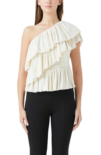 Shop Endless Rose Sequin Ruffle One-shoulder Peplum Top In Opal