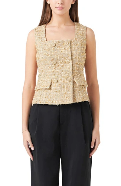 Shop Endless Rose Sleeveless Double Breasted Tweed Top In Gold