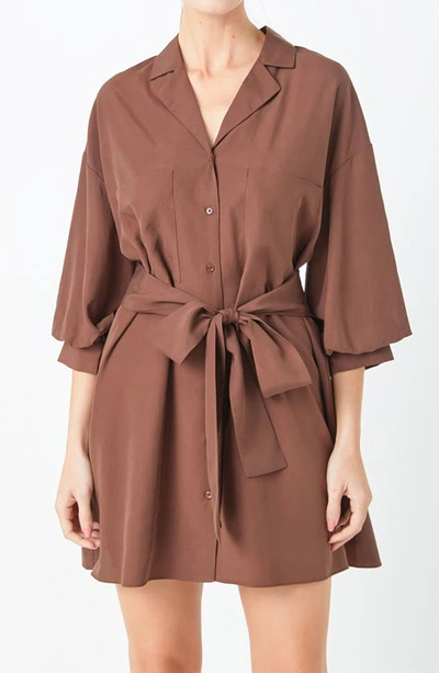 Shop Endless Rose Tie Waist Mini Shirtdress In Chocolate