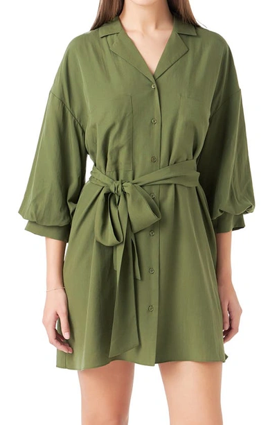 Shop Endless Rose Tie Waist Mini Shirtdress In Olive