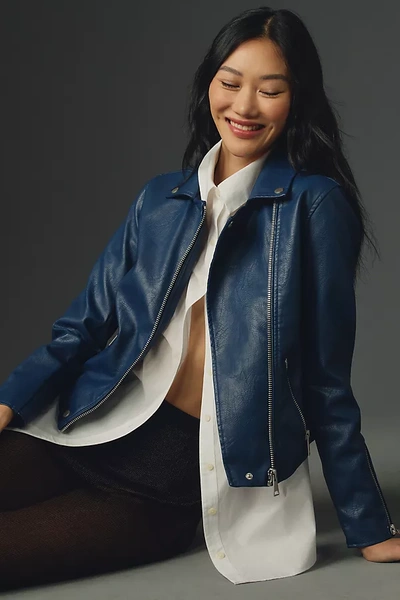 Shop By Anthropologie The Saige Faux Leather Moto Jacket In Blue