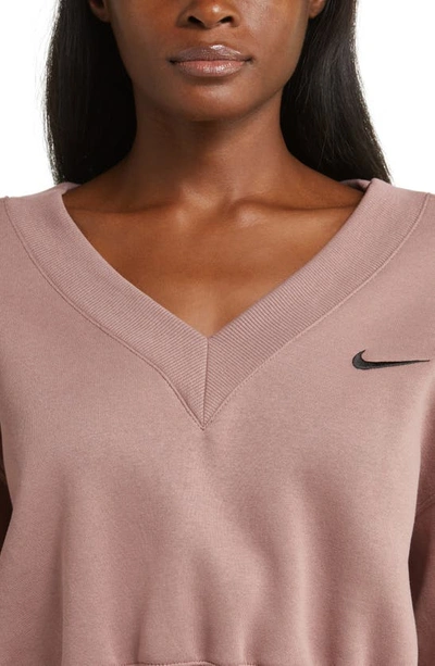 Shop Nike Sportswear Phoenix Fleece V-neck Crop Sweatshirt In Smokey Mauve/ Black