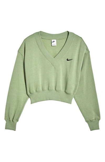 Shop Nike Sportswear Phoenix Fleece V-neck Crop Sweatshirt In Oil Green/ Black