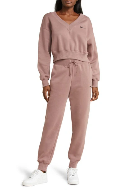 Shop Nike Sportswear Phoenix Fleece V-neck Crop Sweatshirt In Smokey Mauve/ Black