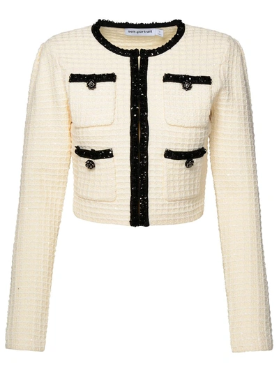 Shop Self-portrait Ivory Cotton Blend Jacket In Cream