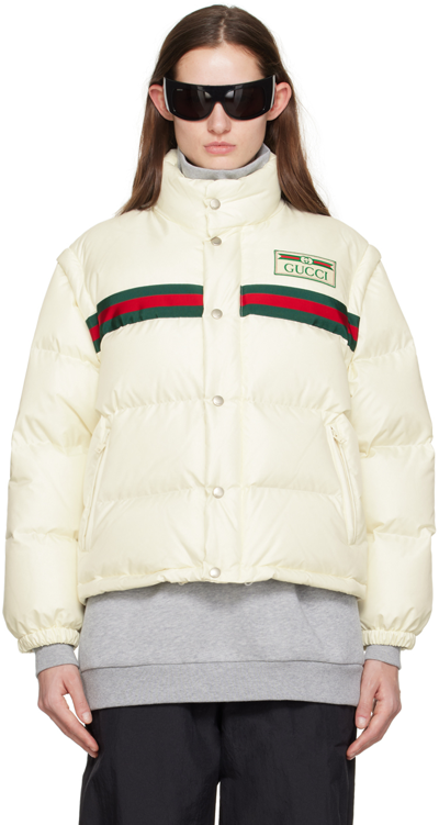 Shop Gucci Off-white Web Convertible Down Jacket In 9133 Natural White/m