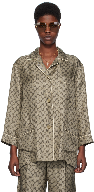 Shop Gucci Beige Gg Supreme Shirt In 2275 Camel/ebony/mix